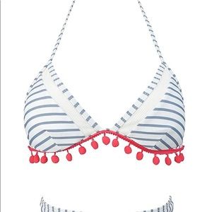 NWT Cocoship Pom Pom Bikini White Blue Stripped